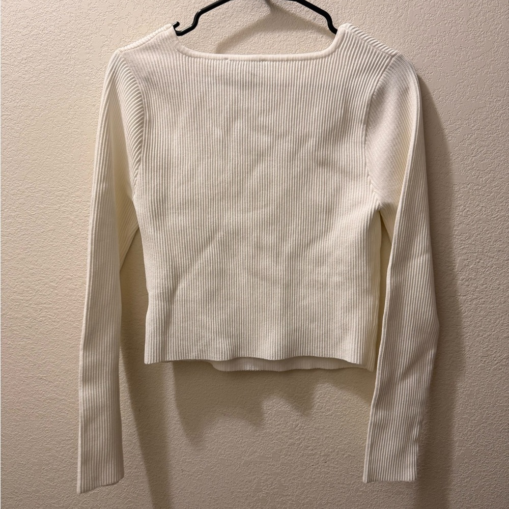 And Now This, White Ribbed Square Neck Long Sleeve Top, Size Large NWOT - Picture 3 of 6